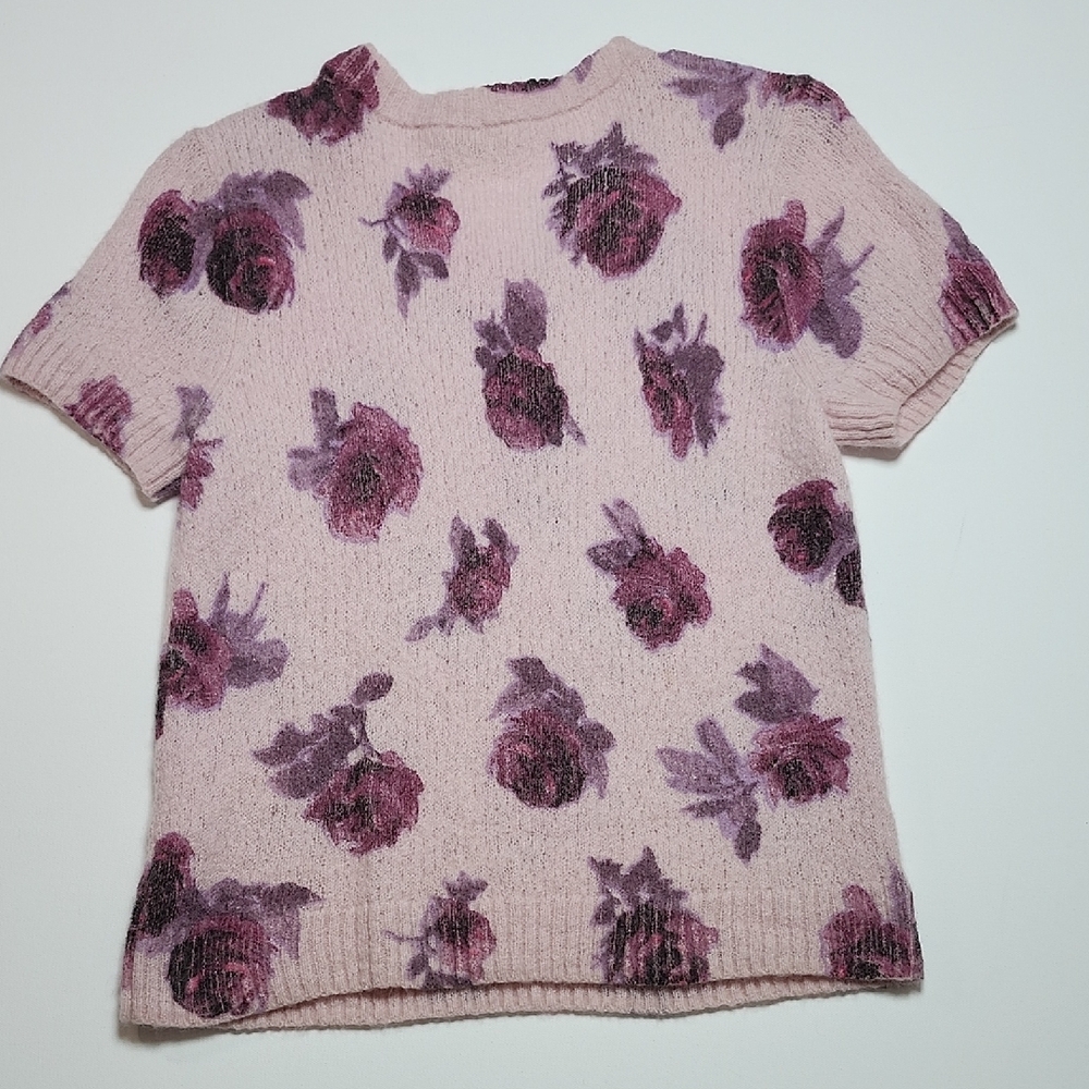 Kate Spade XL Pink Purple Floral Short Sleeve Fuzzy Knit Sweater Pullover - Picture 4 of 4